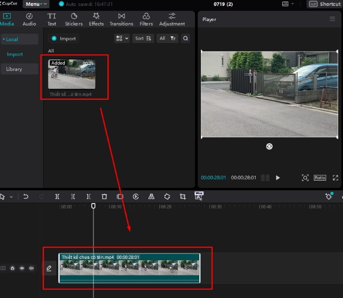 Kéo video xuống khu vực chỉnh sửa