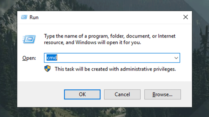 Nhập “cmd” vào ô “Open” > “OK”