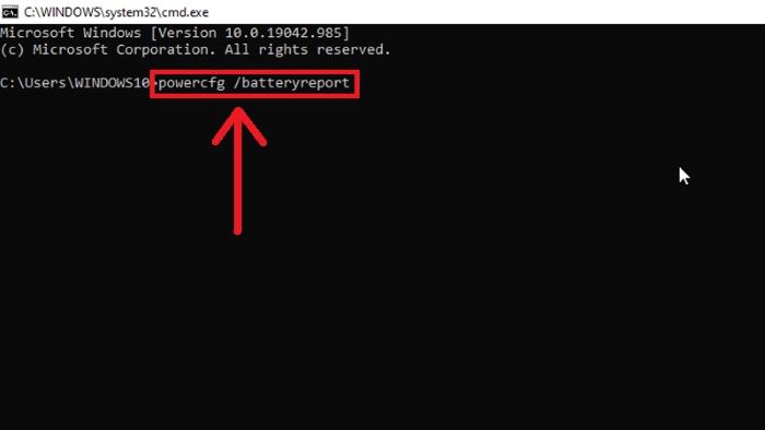 Nhập lệnh “powercfg /batteryreport” > Enter