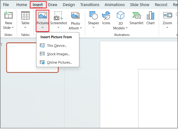 Chọn “Insert” > chọn nguồn ảnh muốn chèn