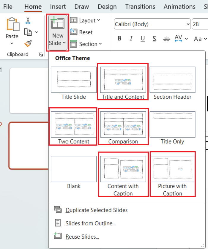 Chọn “Home” > “New Slide” > chọn mẫu slide