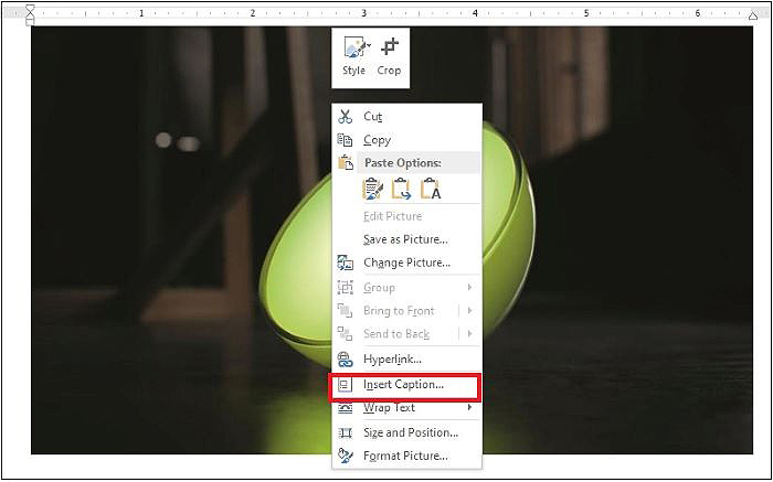 Click chuột phải vào ảnh > chọn “Insert Caption”