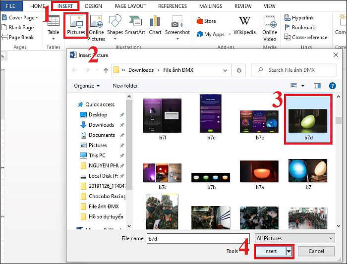 Chọn “Insert” > “Picture” > chọn ảnh > “Insert”