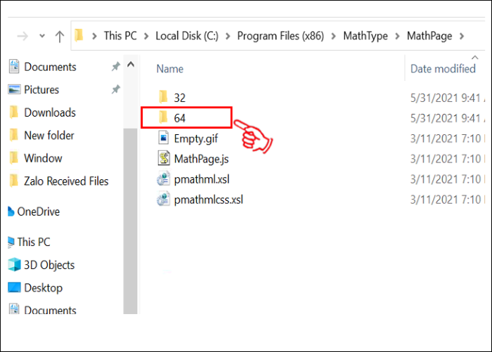 Mở thư mục “64”