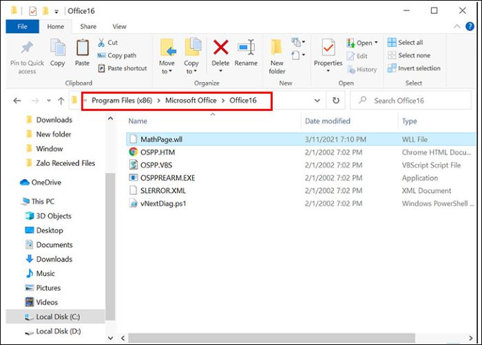 Dán file “MathPage.wll” vào thư mục cài bộ Office