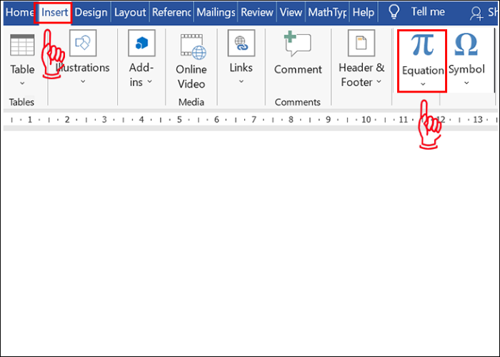 Chọn “Insert” > chọn vào dấu mũi tên ở bên dưới mục “Equation”