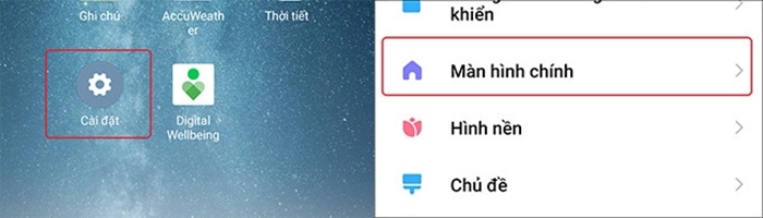 Mở “Cài đặt” > chọn “Màn hình chính”