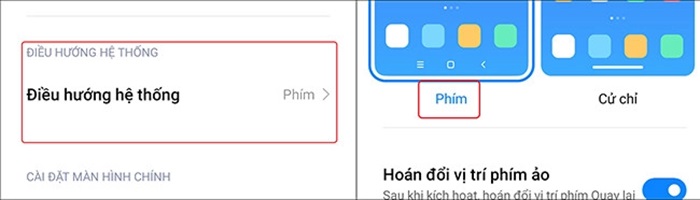 Chọn “Điều hướng hệ thống” > “Phím”