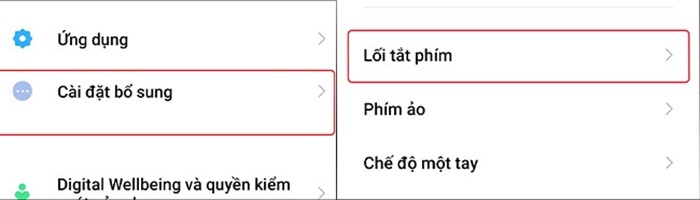Chọn “Cài đặt bổ sung” > “Lối tắt phím”