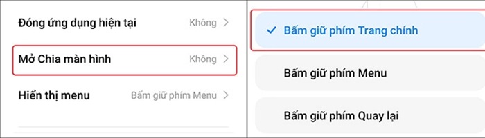 Chọn “Mở Chia màn hình” > “Bấm giữ phím Trang chính”