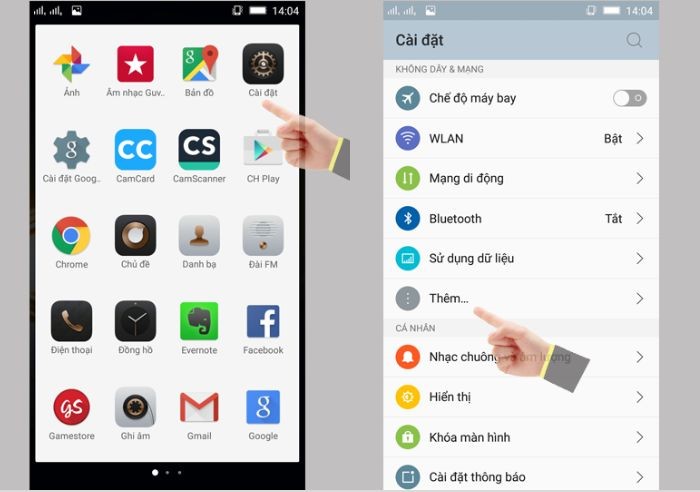 “Cài đặt” > “Thêm”