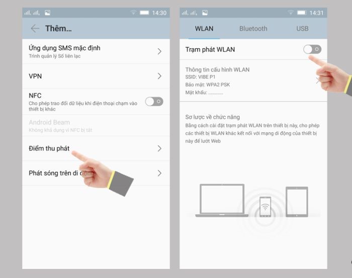 “Điểm thu phát” > bật “Trạm phát WLAN”