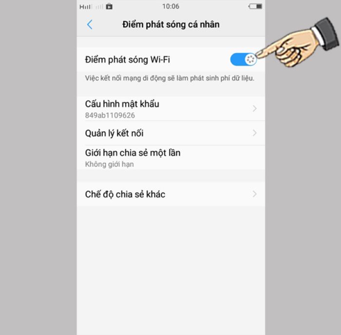 Bật “Điểm phát sóng Wi-Fi” > thiết lập cấu hình wifi