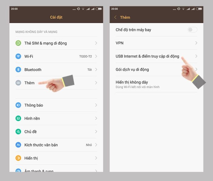 “Cài đặt” > “Thêm” > “USB internet & điểm truy cập di động”