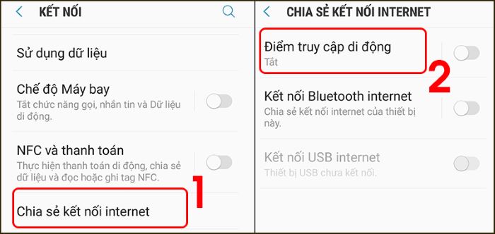 Chọn “Chia sẻ kết nối internet” > Điểm truy cập di động”