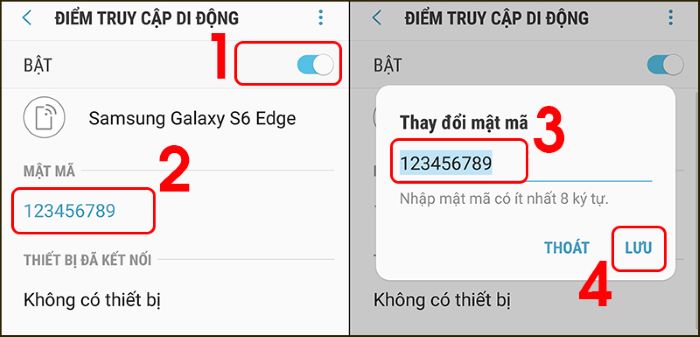 Bật điểm truy cập di động > thay đổi tên, mật khẩu mạng