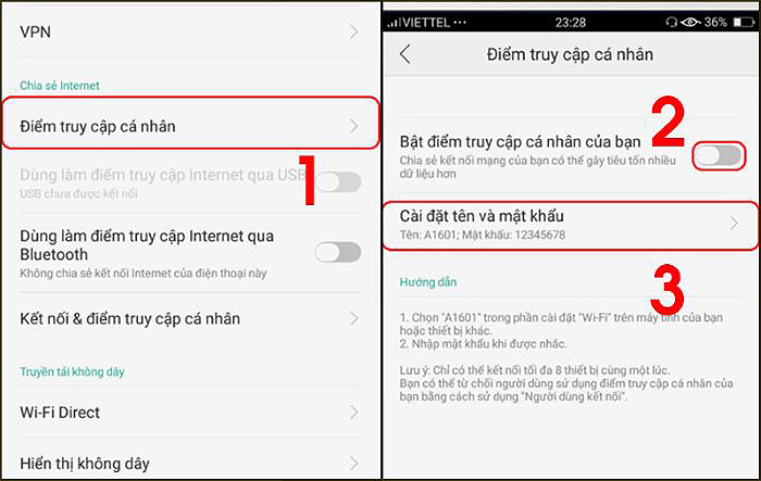 Chọn “Điểm truy cập cá nhân” > bật > “Cài đặt tên và mật khẩu”