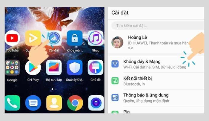 “Cài đặt” > “Không dây & Mạng”