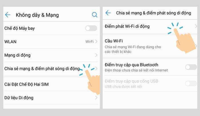 “Chia sẻ mạng & điểm phát sóng di động” > “Điểm phát Wi-Fi di động”
