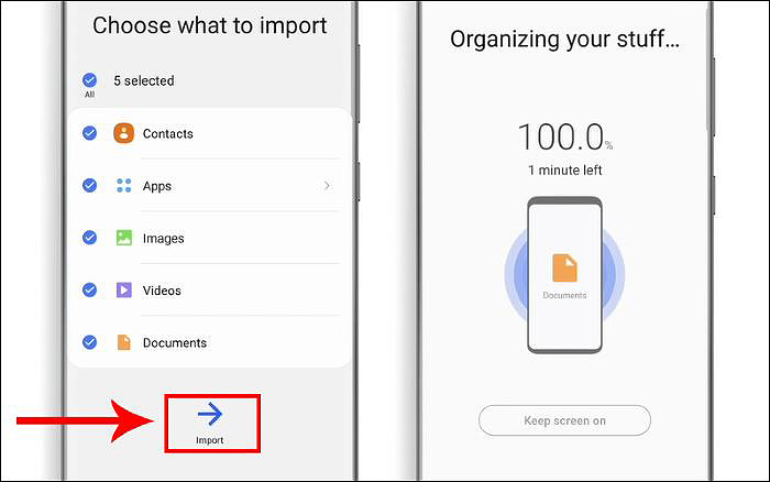 Chọn mục dữ liệu muốn chuyển > chọn “Import”