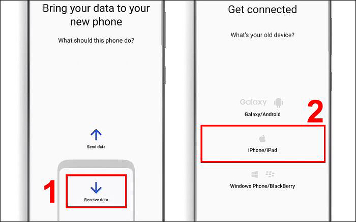 Chọn “Receive data” > “iPhone/iPad”