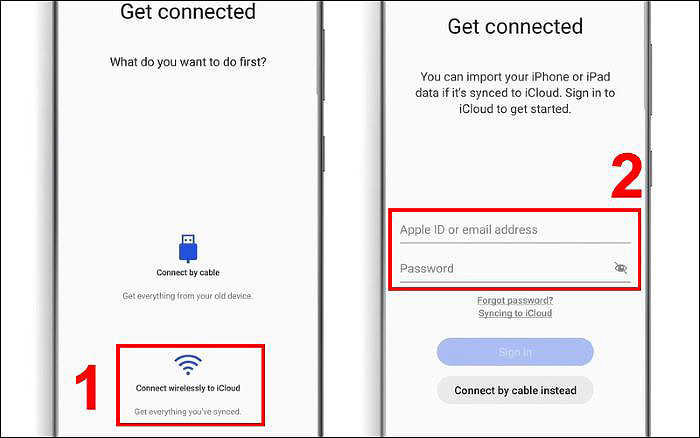 “Connect Wirelessly to iCloud” > đăng nhập iCloud iPhone