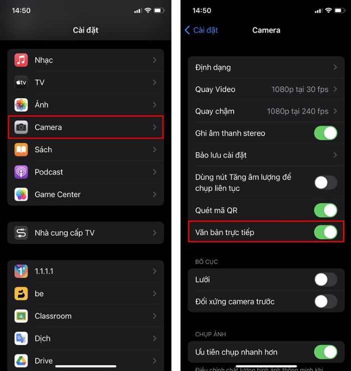 “Cài đặt” > “Camera” > “Văn bản trực tiếp”