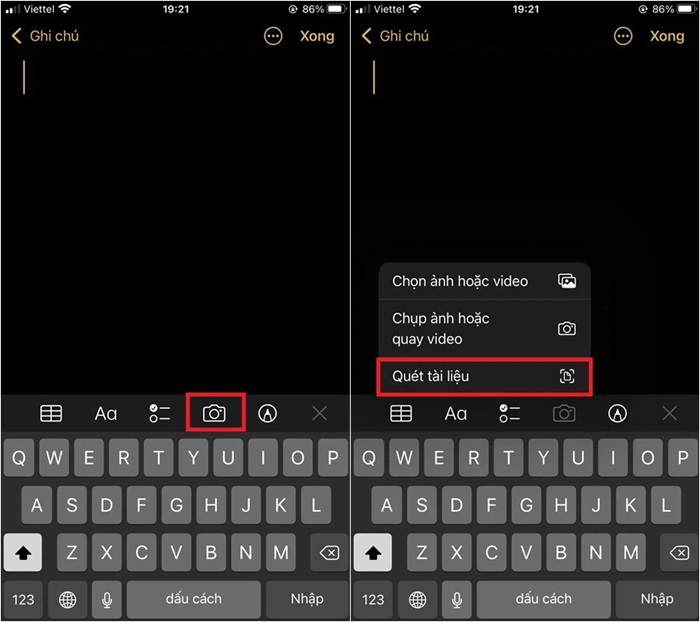 Chọn biểu tượng máy ảnh > chọn “Quét tài liệu”