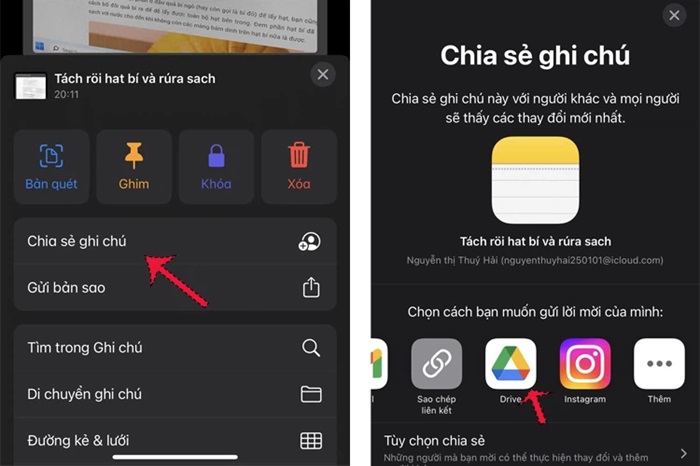 “Chia sẻ ghi chú” > “Drive”
