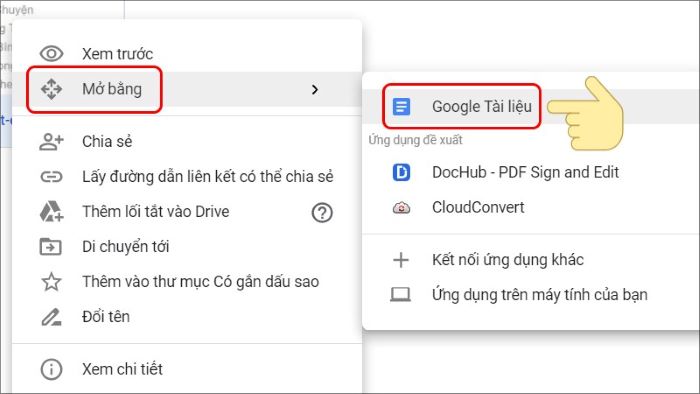 Click chuột phải > chọn “Mở bằng” > “Google Tài liệu”