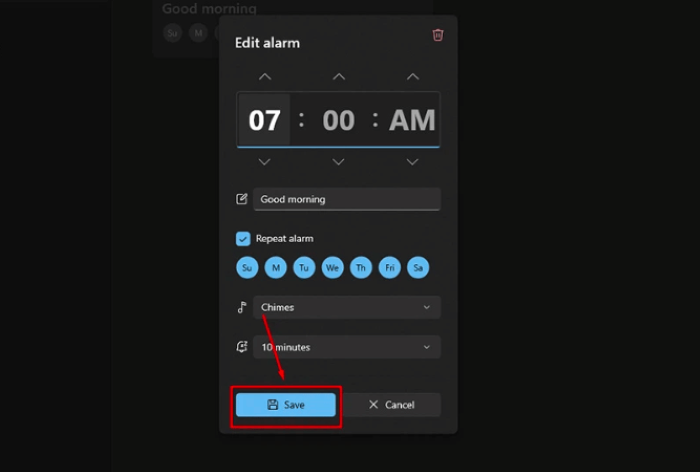 Thiết lập báo thức > chọn “Save”