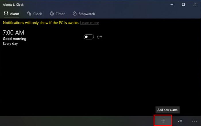 Chọn vào dấu “+” để tạo báo thức mới