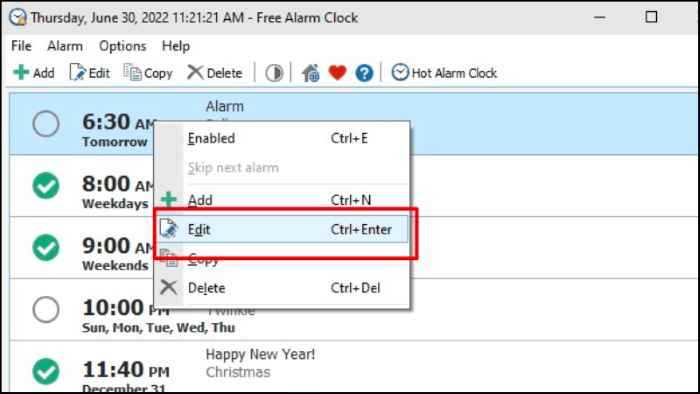 Click chuột phải > chọn “Edit” để chỉnh sửa báo thức
