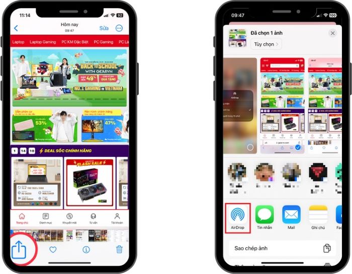 Chọn biểu tượng “Chia sẻ” > chọn “Airdrop”