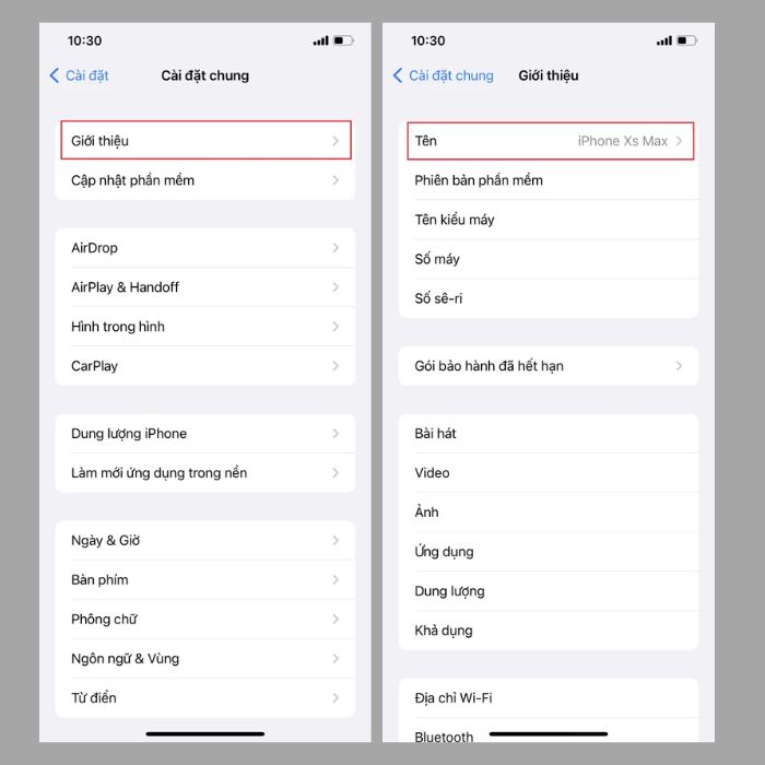 Chọn “Giới thiệu” > chọn “Tên”