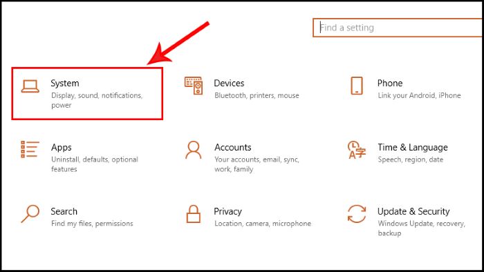 Nhấn “Windows + I” > chọn “System”
