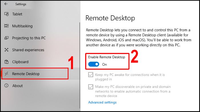 Chọn “Remote Desktop” > chuyển sang trạng thái “On”