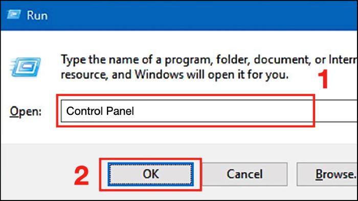 Nhấn “Windows + R” > gõ “Control Panel” > “OK”