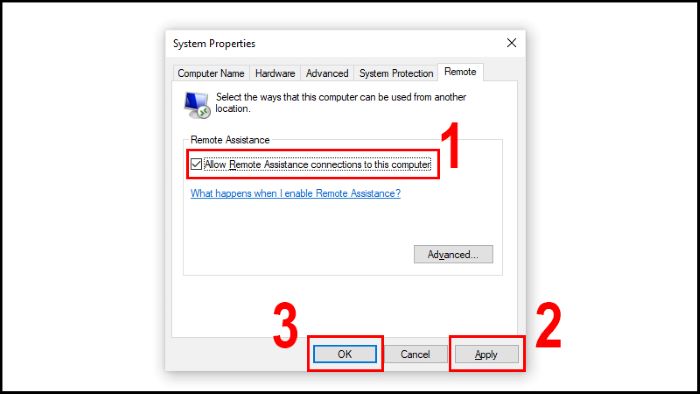 Tick chọn vào ô “Allow remote connections to this computer” > “Apply” > “OK”