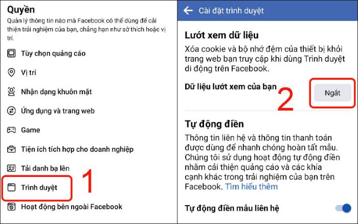 “Trình duyệt” > ngắt  “Dữ liệu lướt xem”
