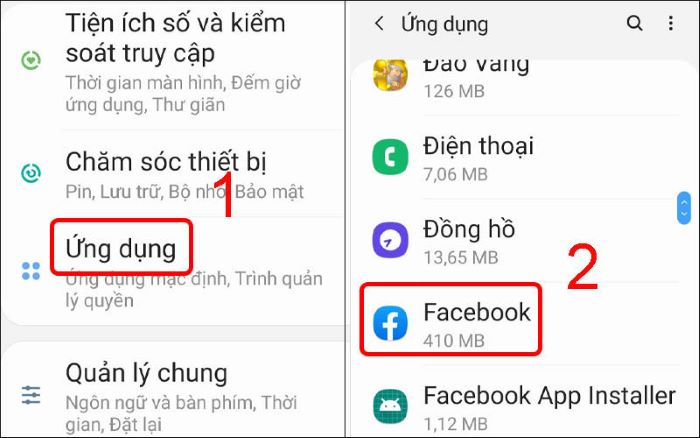 “Cài đặt” > “Ứng dụng” > “Facebook”