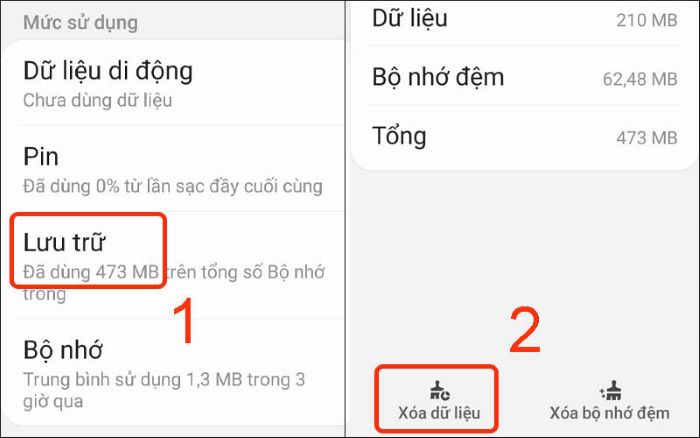 “Lưu trữ” > “Xóa dữ liệu”
