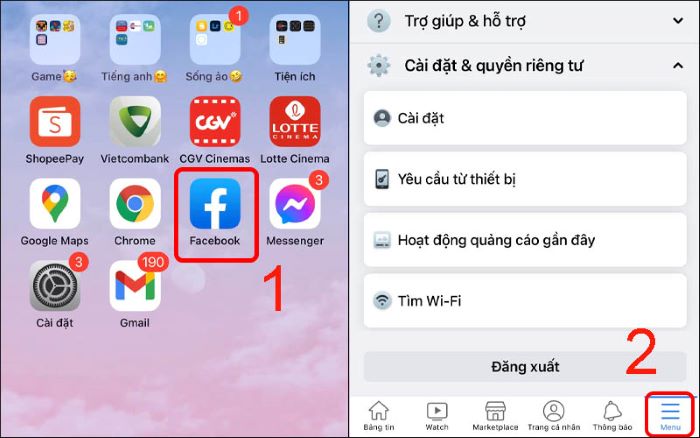 Vào Facebook > chọn “Menu”