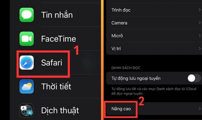 “Cài đặt” > “Safari” > “Nâng cao”