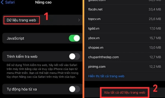 “Dữ liệu trang web” > “Xóa tất cả dữ liệu trang web”