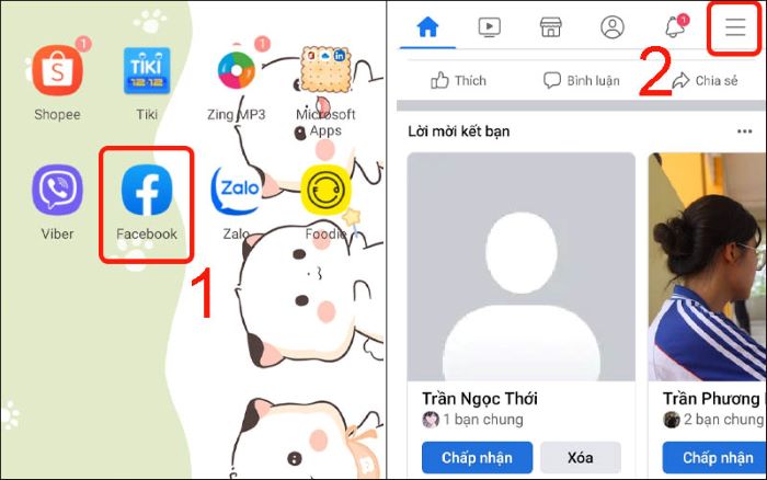Facebook > chọn vào biểu tượng ba dấu gạch ngang