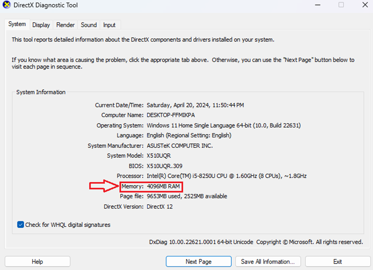 dung lượng bộ nhớ RAM của laptop.