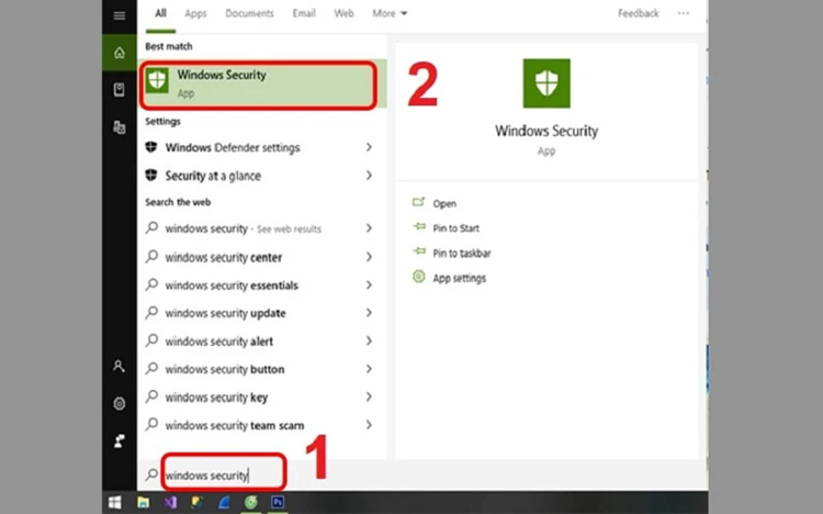 Tìm “Windows Security” tại thanh tìm kiếm