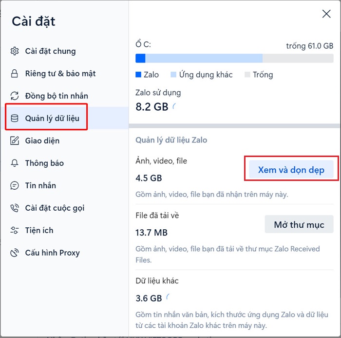 “Quản lý dữ liệu” > “Xem và dọn dẹp”