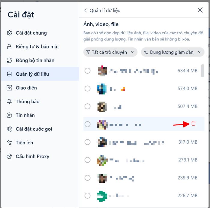 Xóa cuộc trò chuyện chiếm dung lượng lớn